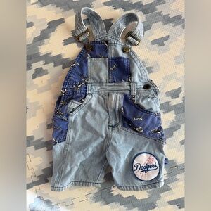 Vintage Denim Overalls with Dodgers Patch